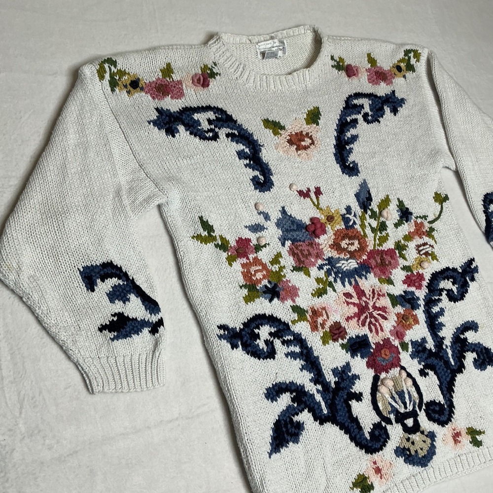 Vintage‎ Jennifer Reed Hand Knitted Floral Tapestry Sweater Cream Size S